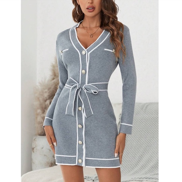 Grey Knit Belted Dress Long Sleeve, Button Through Contrast White Piping Trim - Picture 4 of 7